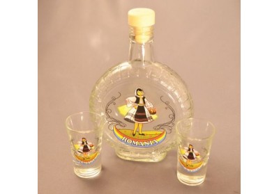 Set sticlă cu două pahare pentru alcool inscripţionată România